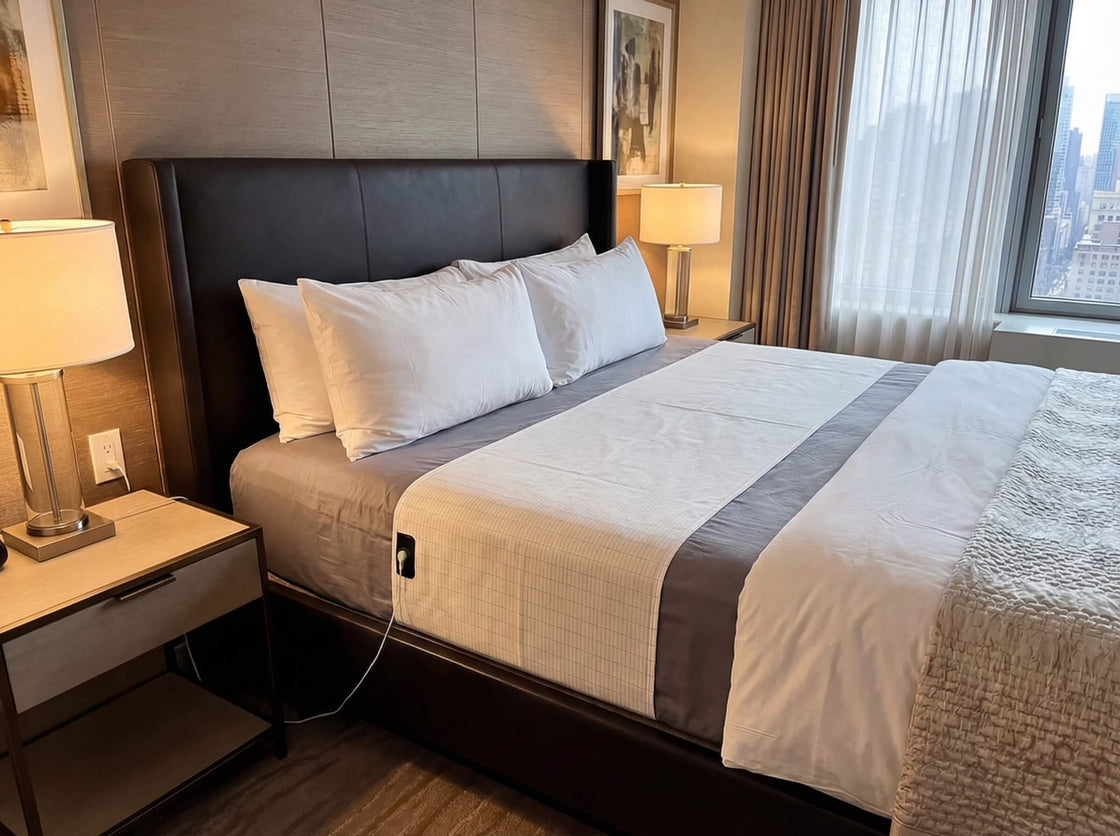 Luxury hotel bed after installing GroundingWell sheets